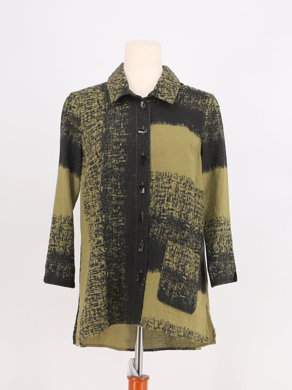 ALI MILES Button Front Tunic Top Olive Green & Black Size S